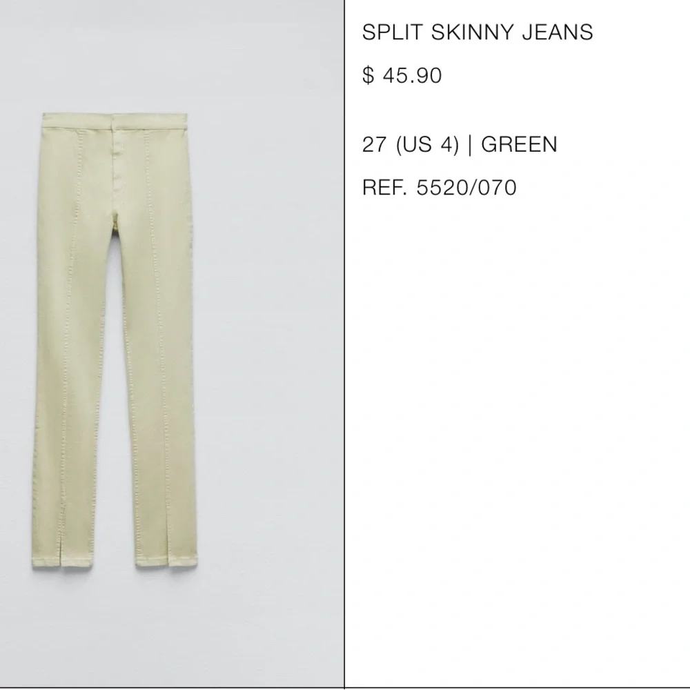 Zara Light Green Split Hem Skinny Denim Jeans Size 27 (4) - Picture 1 of 3